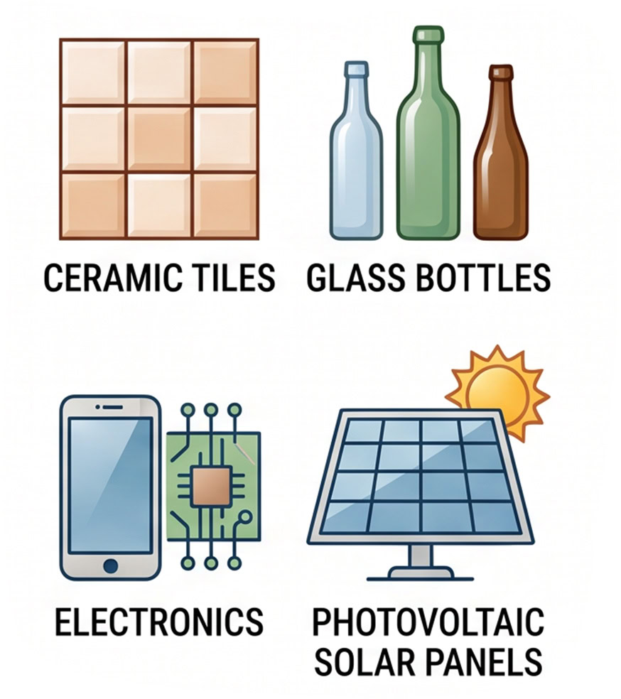Infographic showing solar panels, glass bottles, electronic components and photovoltaic modules
